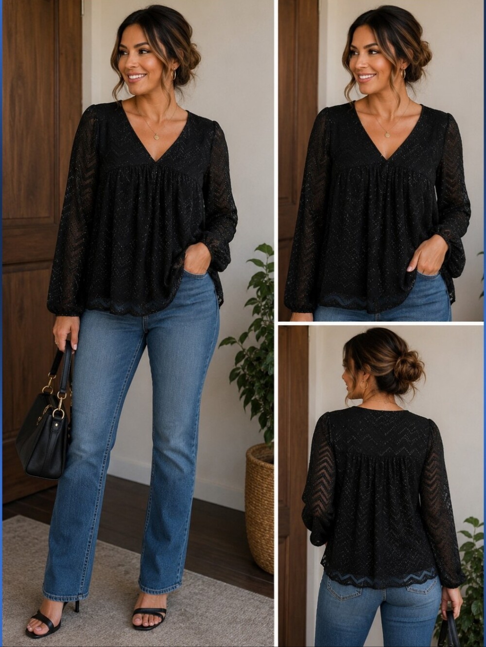 Women's Black V-Neck Long Sleeve Lace Blouse